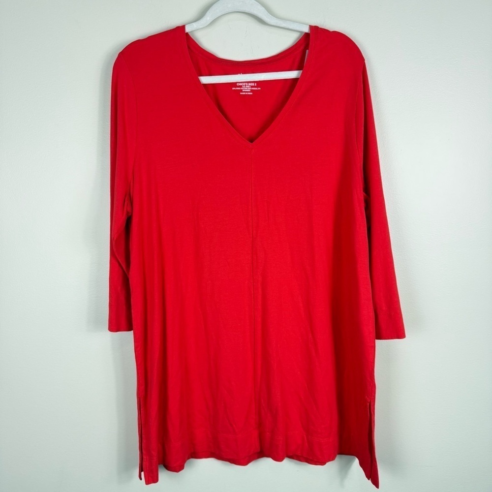 Chico's Blouse Womens Large V-Neck 3/4 Sleeve Red Top Center Seam Refined Jersey